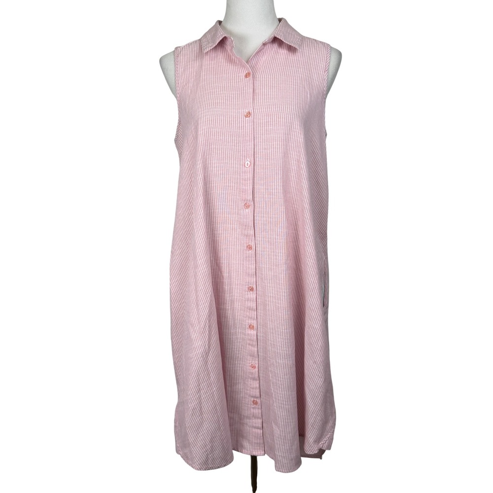 Mlle Gabrielle Women Cotton Shirt Dress M Pink White Stripe Sleeveless Pockets